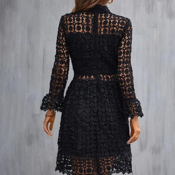 Black Mock Neck Flounce Sleeve Lace Dress - Picture 6 of 6